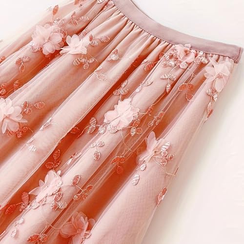 Women's Floral Midi Skirt High Waisted A Line Cute Layered Fairy Mesh Tulle Pleated Skirt 3D Embroidery Skirts4