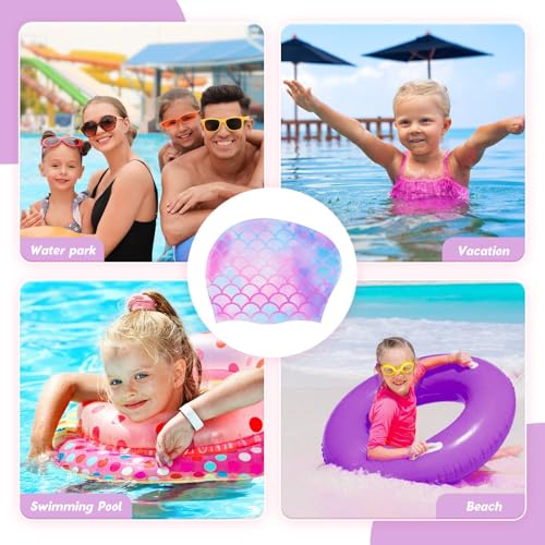 Image of Girls Unicorn Swim Cap and Goggles Set Toddler Waterproof Bathing Pool Swimming Caps Comfortable Kids Mermaid Unicorn Swimming Hats for Long and Short Hair (Mermaid Set)