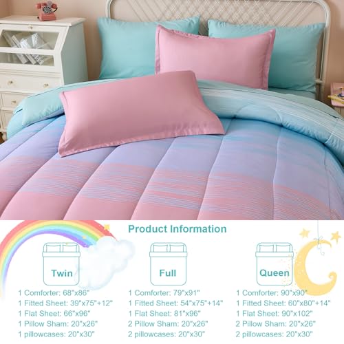 Image of Dinjoy Girls Comforter Set Full Size Colorful Ombre Pink Green Rainbow Bedding Set Bed in A Bag for Kid Teen Girls 7 Pieces (1 Comforter, 1 Flat Sheet, 1 Fitted Sheet, 2 Pillow Shams, 2 Pillowcases)