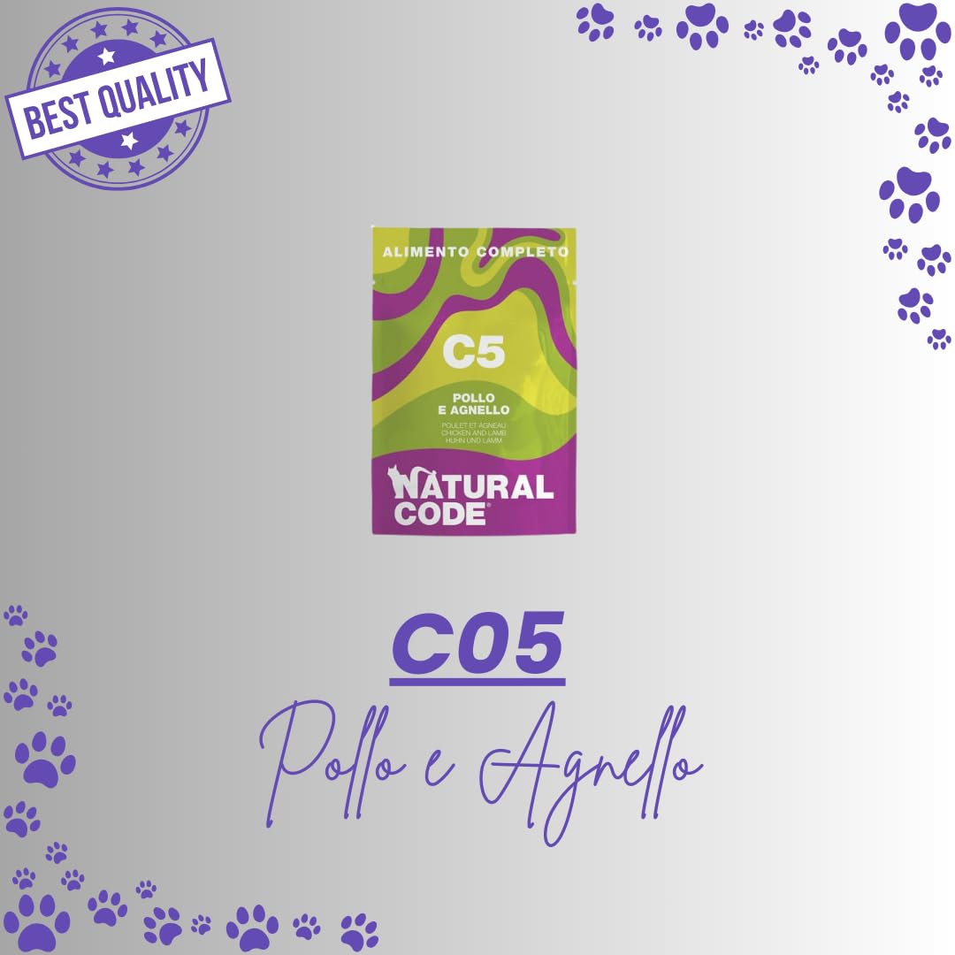 Natural Code - Alimento Húmedo para Gatos en Bolsa, Alimento Completo para Gatos de Todas Las Tallas y Razas, Sabor Pollo y Cordero, 12 Sobres de 70 Gramos