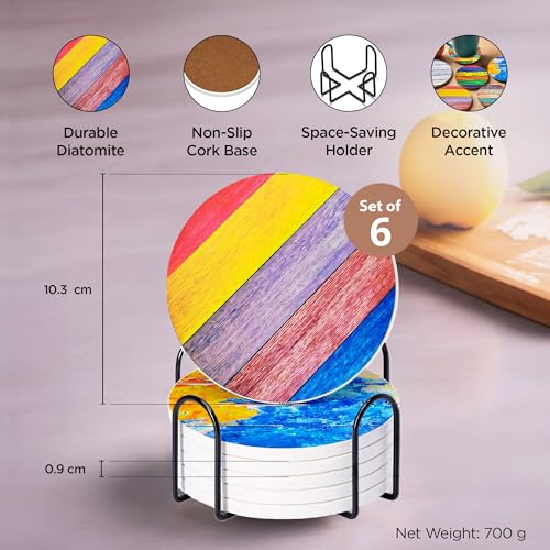 Image of The Better Home Coaster Set of 6 | Ceramic Drink Coasters with Cork Steel Holder | Dining Table Decor Accessories for Cups, Coffee Mugs, and Glasses | Attractive Multicolor Design