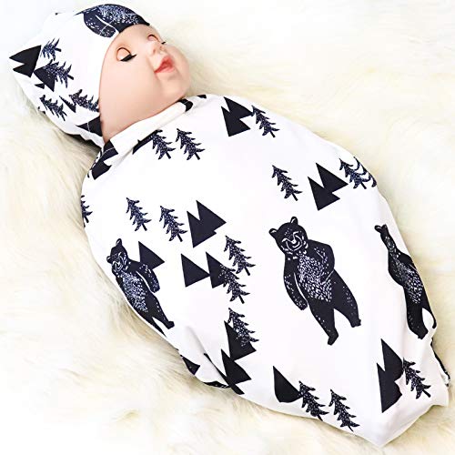 Newborn Swaddle Blanket with Beanie Set,Soft Stretchy Cocoon Sack for 0-3 Months Baby Boys and Girls(Ink Bear)