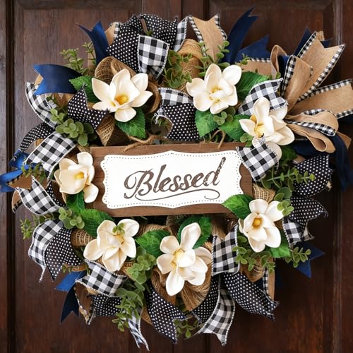 vivimemo 22 Inch Spring Wreath Blessed Magnolia Wreath with Buffalo Check and Burlap Ribbon - Farmhouse Front Door Wreaths Decor for All Seasons - Rustic Home Wall Porch Decor