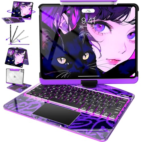 Image of Intermerge Clear iPad A16 11th (2025) & 10th Generation 10.9 inch Case with Keyboard, 360 Transparent Multi-Touch Trackpad, 7-Color RGB Keyboard, Pencil Holder, Type-C, Power Indicator, Neon Pulse
