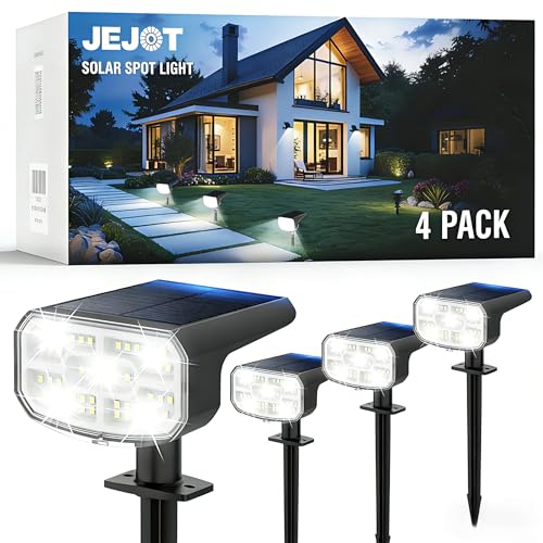 JEJOT Solar Spot Lights Outdoor Waterproof IP65,4 Pack,Cool Light,2 Lighting Modes Selectable, Solar Powered Yard Garden Solar Spot Lights for Outside Landscape Auto On/Off