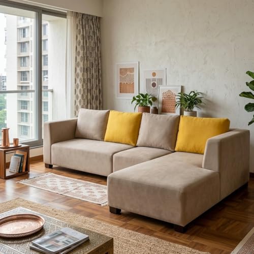 Image of FURNY Olympus 6 Seater RHS L Shape Sofa Set | Plush Velvet Suede Fabric | Modern Design | Soft Comfort Dual Color Cushions for Living Room, Office & Hotels (Beige-Yellow)