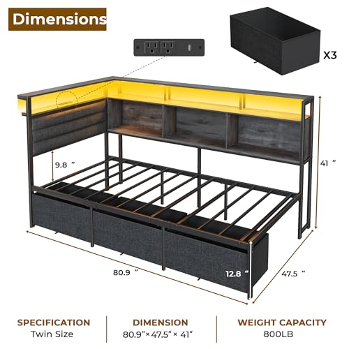Image of OURPIC Twin Corner Bed Frame with Upholstered headboard,3 Storage Drawers | RGB LED lights 60k colors, 1USB+1TypeC+2AC charging, Space-saving, Holds 800 lbs, No box spring needed, Easy assembly, Grey