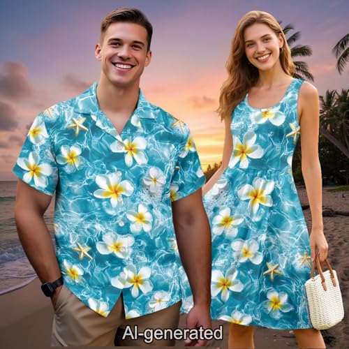 Image of Dreaweet Summer Dresses for Women A-Line Sleeveless Flowy Sun Dresses,Men's Casual Button-Down Shirts,Couple Matching Outfits