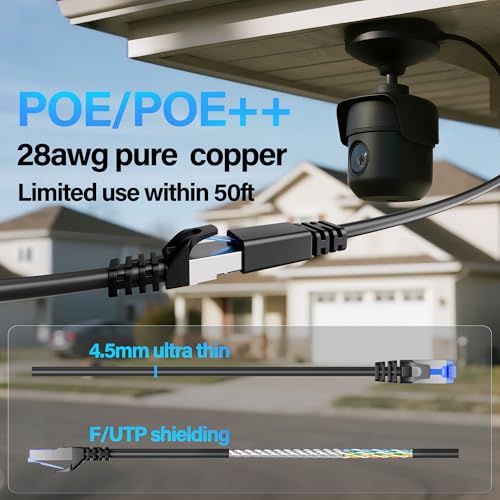 Image of Cat6A Ethernet Cable Shielded 10Gbps 50 ft, Slim Shielded (F /UTP) Ethernet Cable Cat 6, Flexible 28AWG Bare Copper Cat6 Cable, Space-Saving Cat 6a Network Cable for Server, Data Center, Black