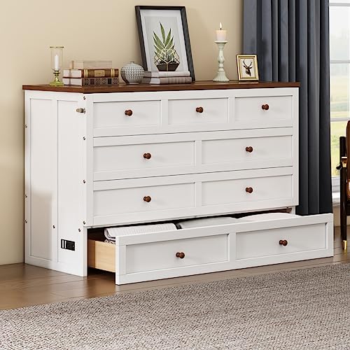 DaiNNCN Foldable Murphy Bed Queen Size with Drawer and Charging Station,Space-Saving Cube Cabinet Bed-White+Walnut