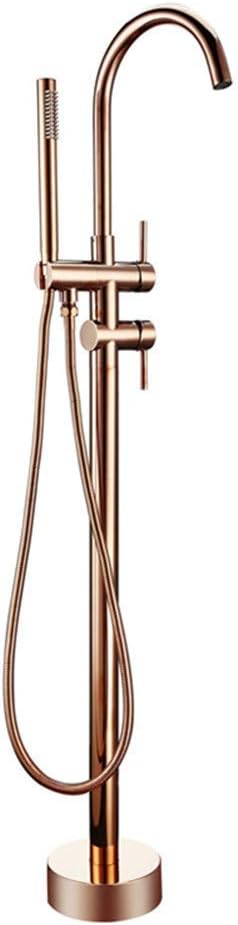 LUNEZY Bathtub Floor Mounted Standing Bathtub Faucet Rose Gold Round Spout Bath Mixer Tap Floor Mounted Bathtub Filler Shower Tub Faucet Set, Rose Gold