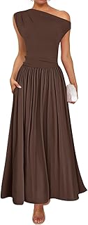 ZESICA Women's Summer 2026 Sleeveless Maxi Dress One Shoulder Casual Slim Swing Pleated Formal Dresses with Pockets
