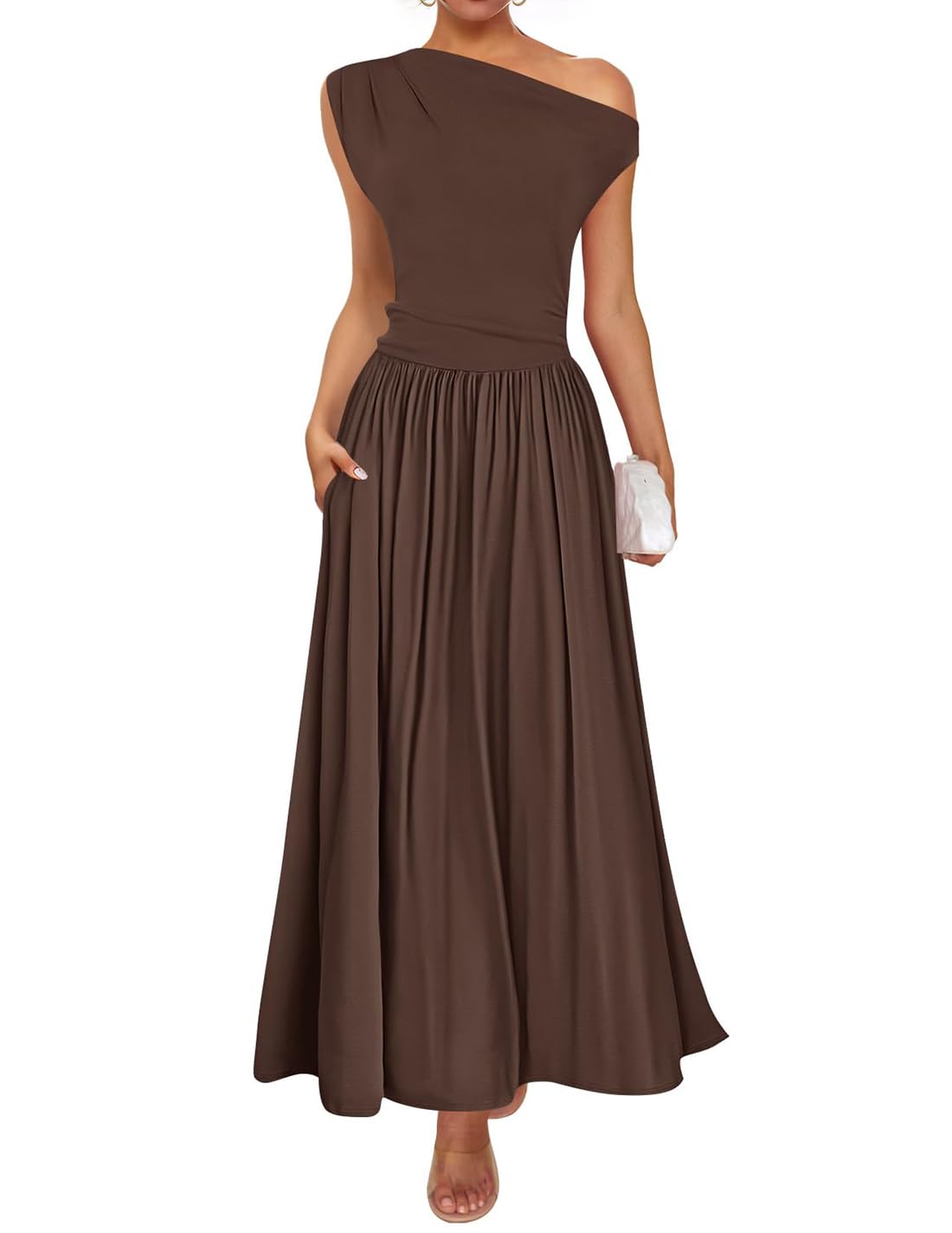 Womens Sleeveless One Shoulder Maxi Dress with Pockets