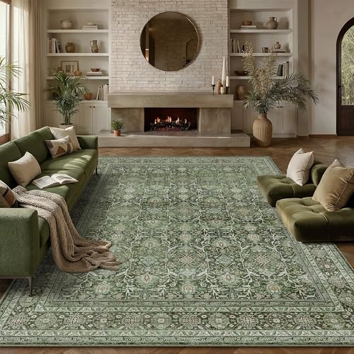 Area Rug 8x10 Green Washable Living Room Carpet Soft Non Slip Vintage Bedroom Indoor Office Traditional Retro Distressed Large Throw Rug for Dining Room Playroom 8' x 10' (Softer) Accent Gre