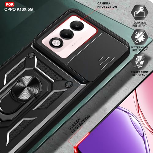 Image of AESTMO Tough Armor Oppo K13X 5G Bumper Back Case Cover | Ring Holder & Sliding Camera Shield Cover | 360 Degree Protection Back Case Cover for Oppo K13X 5G (Black)