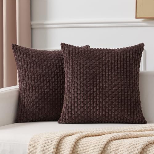 Kevin Textile Soft Corduroy 18x18 Inch Pillow Covers 2 Pack, Coffee