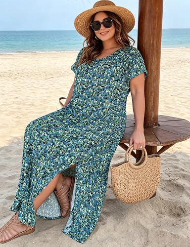 Image of Kancystore Women's Plus Size Dresses Summer Casual Loose Pocket Short Sleeve Slits Long Maxi Dress XL-5X
