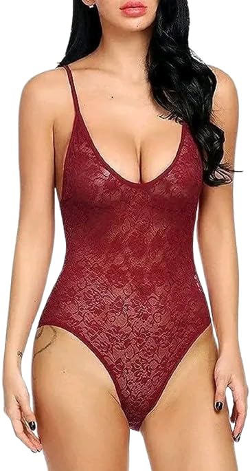 fabricsout Women's Lace Bodysuit, Deep V-Neck, Spaghetti Strap, Thong Style, Wine Red-picture-50