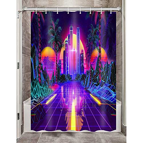 Gdmoon - Gdmoon YLRLGD1525 Rideau de douche futuriste rétro années 80 fête punk science-fiction coucher de soleil néon art abstrait tropical art abstrait pour salle de bain avec 12 crochets 152,4 x 183 cm,