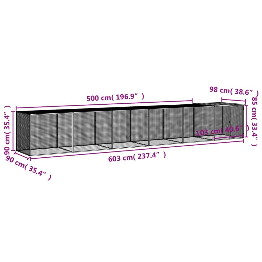 ARKEM Gabbia Polli Tetto Grigio Chiaro 603x98x90 cm Acciaio Zincato,Recinto per Cani da Giardino, Gabbia per Conigli, Recinto per Animali Domestici, Gatti, Cuccioli, Porte con Chiavistello e Parasole,