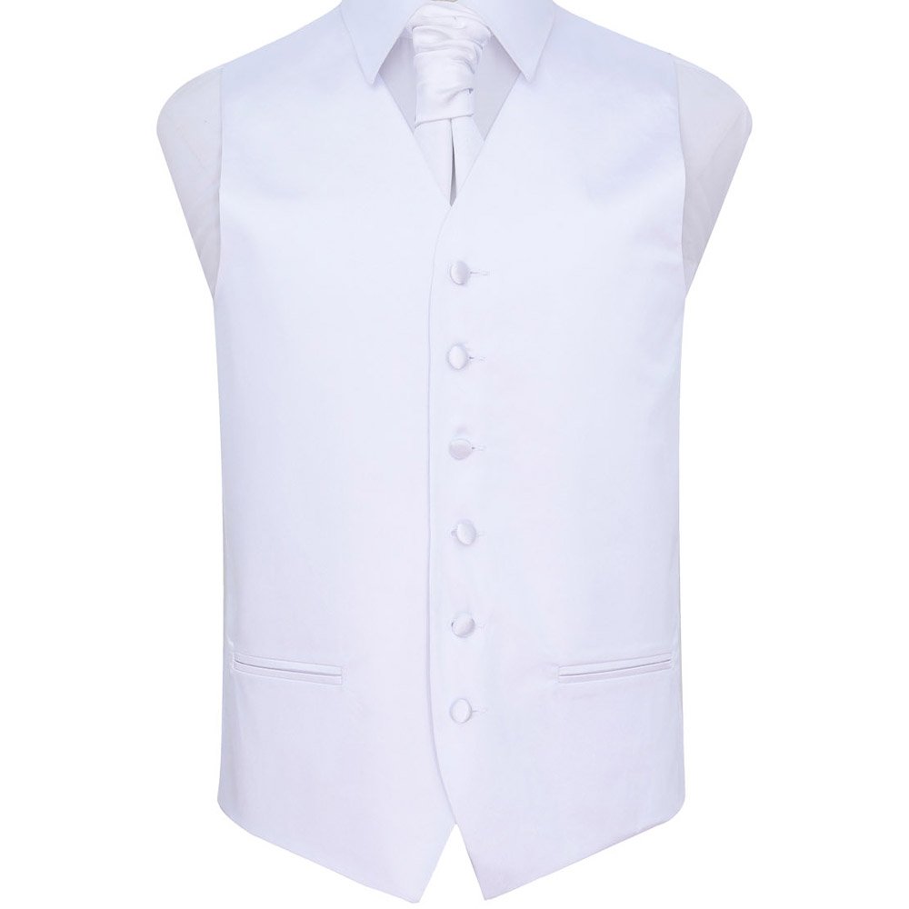 Dqt Men's White Plain Satin Waistcoat & Pre-Tied Scrunchie Cravat Set (2Pc) - Wedding, Business & Formal - 38" (M)