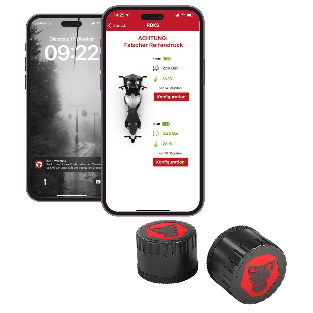 RDKS Sensoren - Präzises Reifentemperatur- und Reifendruckkontrollsystem Motorrad, 2 x TPMS Reifendrucksensor 3,5" Ventil, Bluetooth 5.0, Navigation, Tracking, Routenplanung, Made in Germany | Spezifikationen: Bluetooth: v5.0
