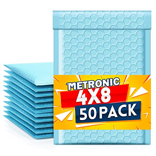 Image of Metronic Light Blue Bubble Mailers 4x8 50 Pack Self-Seal Padded Envelopes