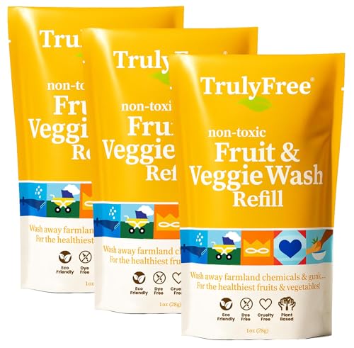 Truly Free Fruit and Vegetable Wash Refills | Veggie Wash Removes 99% Dirt & Wax | Plant-Based Produce Cleaner Spray | No Aftertaste, Made in USA | Fragrance-Free, 16oz (Pack of 3)