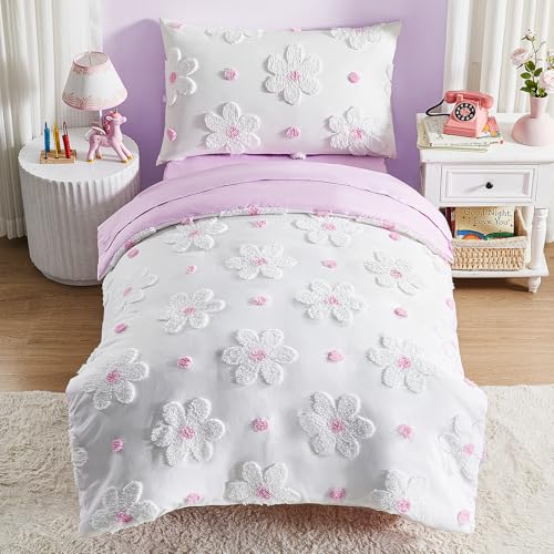 Image of Toddler Bedding Set for Girls 4-Piece Purple Boho Tufted Daisy Flowers Toddler Bed Comforter Set Bed-in-a-Bag Toddler Sheets Bedroom Set with Toddler Comforter, Flat Sheet, Fitted Sheet, Pillowcase