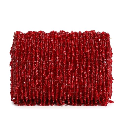 Image of THE TAN CLAN Rosa Red Flap Over Clutch Bag for Women- Elegant Evening Handbag, Purse, Perfect for Weddings, Parties & Special Occasions
