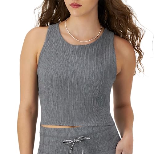 Image of Champion Women's Crop Top, Soft Touch, Moisture Wicking, Anti Odor, Ribbed Crop Top for Women, Ebony Heather Ribbed, XL