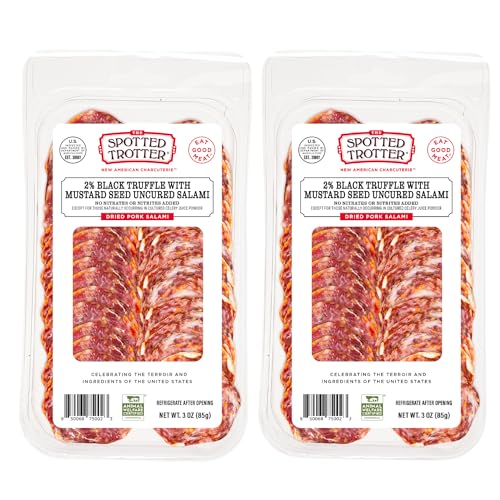 The Spotted Trotter 2% Black Truffle with Mustard Seed Uncured Salami – Dried Pork Salami | No Nitrates or Nitrites Added | Gourmet American Charcuterie, 3 oz [Pack of 2]