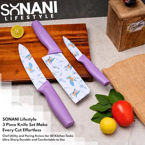 Image of Professional Piece Kitchen Knife Set - High Carbon Stainless Steel Chef, Utility & Santoku Knives with Ergonomic Blue Handles Knife (Purple, 3 piece)