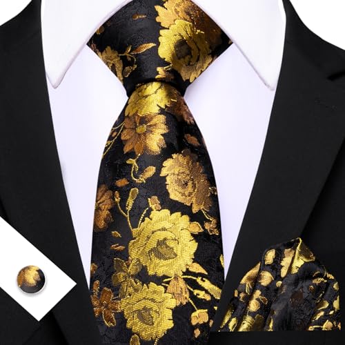 Image of Barry.Wang Flower Ties for Men Handkerchief Cufflinks Set Wedding Necktie Set Party
