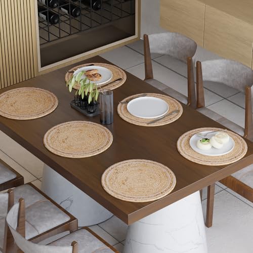 Image of Encasa XO Dining Table Mats Set of 6 | Jute Round Placemat - 32 cm Diameter | Off White & Jute Natural Bleach Color | Handmade Style Chargers for Dinner Plates