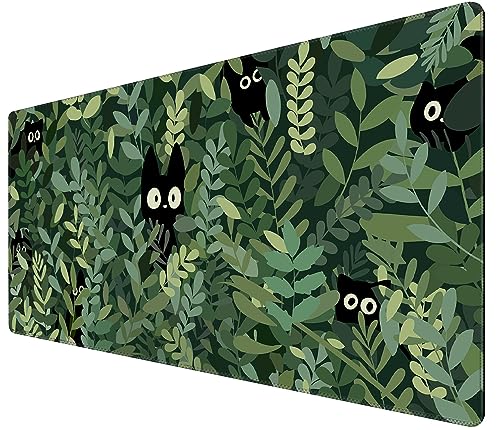 Tapis de souris motif chat kawaii XL - 80 x 40 cm - Tapis de souris avec motif chat noir et plante verte - Tapis de souris esthétique étendu pour bureau, enfant et fille avec bords cousus -