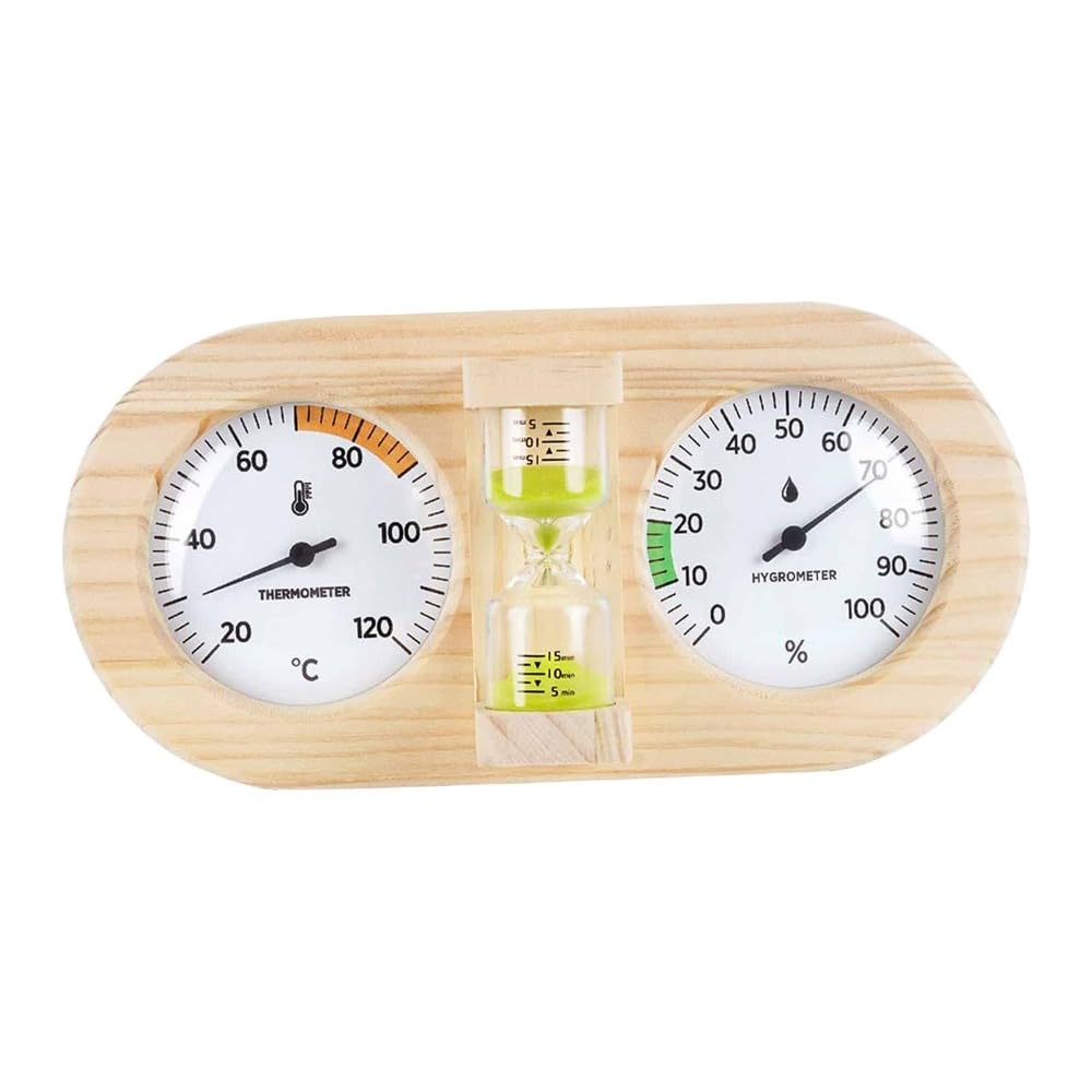 Thermometer Hygrometer mit Sanduhr-Timer & Holzrahmen, Feuchtigkeitsmesser für Sauna, Hotel, Schlafzimmer und Gewächshaus (Grün)