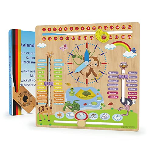 WoodyWood® Kalenderuhr für Kinder - Lernuhr aus Holz, zweisprachig, 30 X 30 cm - Montessori Jahresuhr zum Lernen der Uhrzeit, dem Datum, der Wochentage, Monate, Jahreszeiten und des Wetters