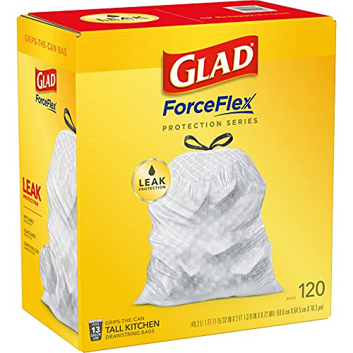 Glad Forceflex Tall Drawstring Trash Bags, 13 Gallon White Trash Bags For Tall Kitchen Trash Can, Unscented Leak Protection Bags, 120 Count - Packaging May Vary #TOP6