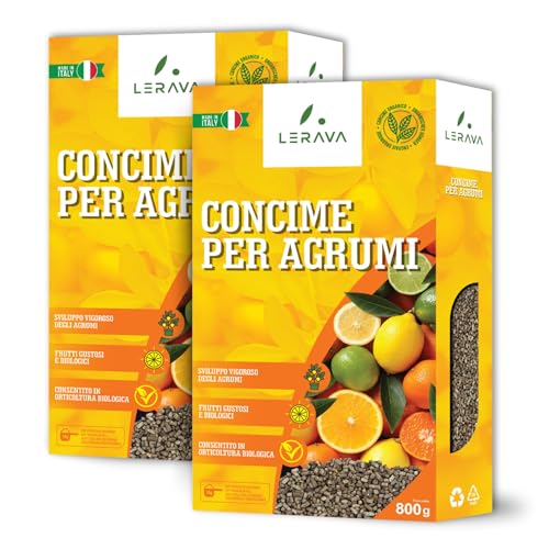 LERAVA Concime Agrumi Bio (2x800g) - Fertilizzante organico per agrumi vigorosi e saporiti - Con tappo dosatore - Ideale per limoni in vaso o in terra - 100% Made in Italy