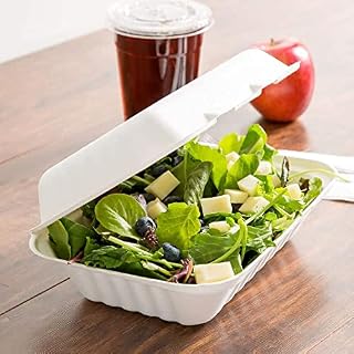 50 X Bagasse 9 x 6" Lunch Box Clamshell Takeaway Containers Clean White Size (232x155x78mm) For Hot Or Cold Food - Manufacturer Sealed packaging (Hygiene Proof)