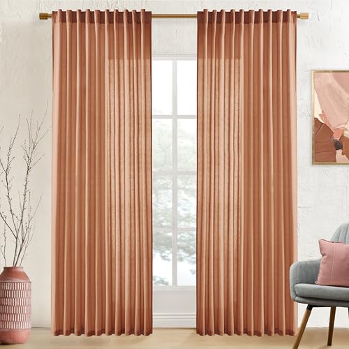 Image of XTMYI 84 Inches Long Terracotta Country Curtains for Living Room,Sheer Linen Curtains for Bedroom 70 Inches Wide