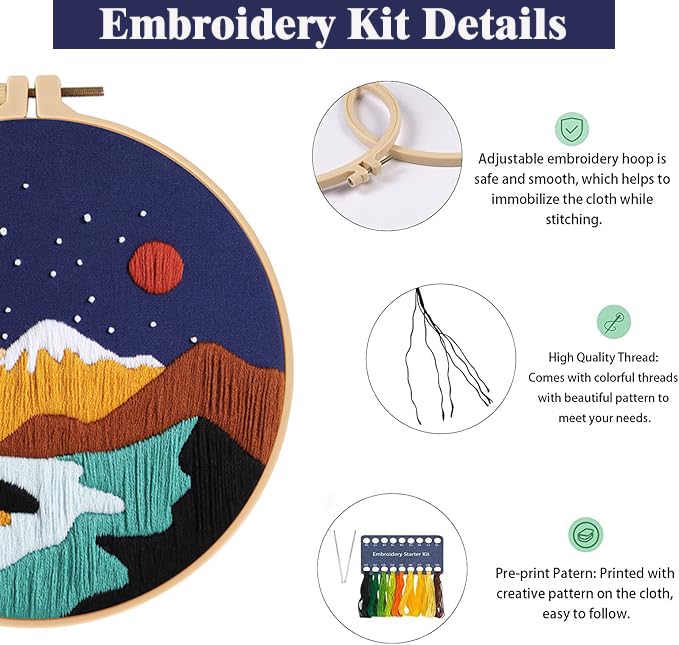 Image of GLTAYLMY 3 Set Landscape Embroidery Kits for Beginners with Mountain Sun Moon Pattern,Adults Starter Cross Stitch Kit DIY Needlepoint Kits