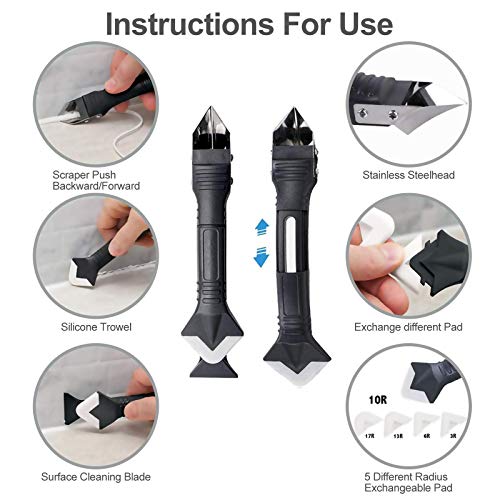 7 in 1 Caulking Tools kit, Caulking Nozzles + Caulk Finisher + Caulk Scrapers + 5 Silicone Pads + Tape + Small Nozzle +Brush，Stainless Steel Sealant Caulking Tool set for Kitchen Bathroom Window - Thumbnail 4