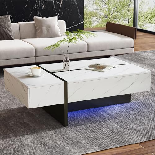 BTM Table Basse Blanche Moderne avec éclairage LED, Plateau laqué Brillant Effet marbre - 105 x...