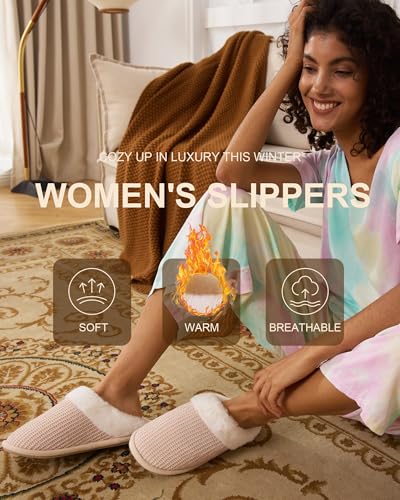 DULCET Slippers for Women,Memory Foam with Fuzzy Collar Indoor House Slippers Bedroom Non-slip Plush Slippers/Beige2