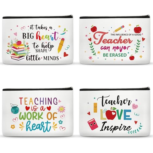 Teacher Appreciation Makeup Bag - 4 Pcs Cosmetic Bags Gifts for Women Small Best New Teacher Gifts Canvas Travel Toiletry Bag Zipper Pouches for Teacher's Day Back to School Graduation