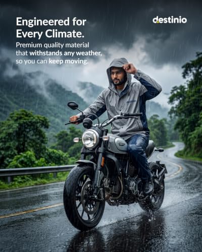 Image of Destinio Rain Coat for Men Waterproof with Hood, Thick Polyester, Leak Proof, Premium Zipper, Raincoat for Bike Riding, Double Layer Rain Suit for Riders, Rainwear Set