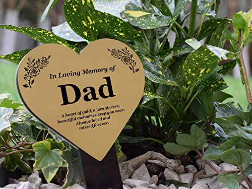 DAD Heart Memorial Remembrance Plaque Stake - Metallic SILVER/GOLD/COPPER Acrylic, Waterproof, Outdoor, Grave Marker, Tribute, Father's Day (Gold)