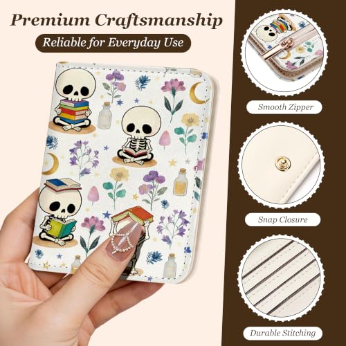 Image of Toughergun Bookish Skeletons RFID Small Wallet Women, Slim Thin Vegan Leather Bifold Wallet with Zipper Coin Pocket & ID Window, Cute Mini Travel Credit Card Holder Gift for Women Ladies Teen Girls
